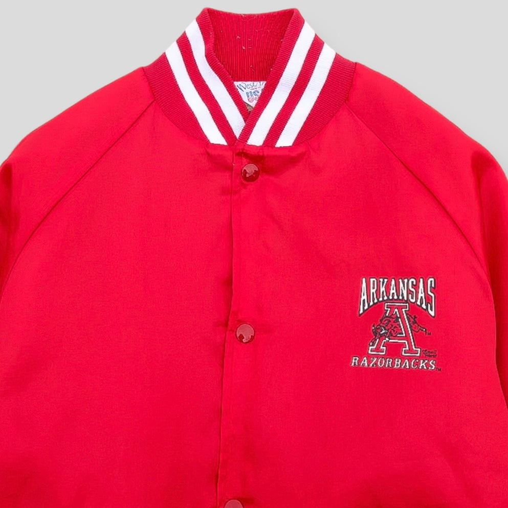 90s Rare Arkansas Razorbacks Vintage Varsity Jacket - backtovida