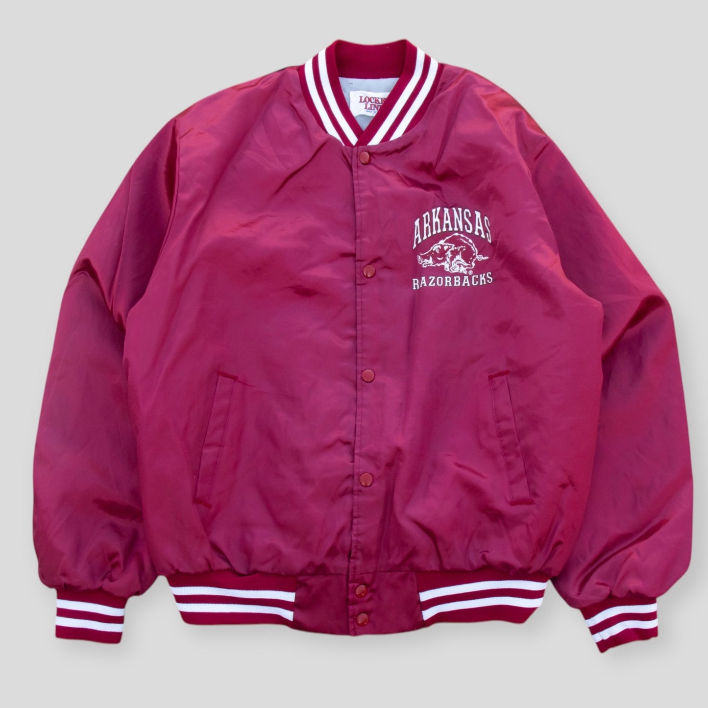 80s Rare Arkansas Script Varsity Jacket - L