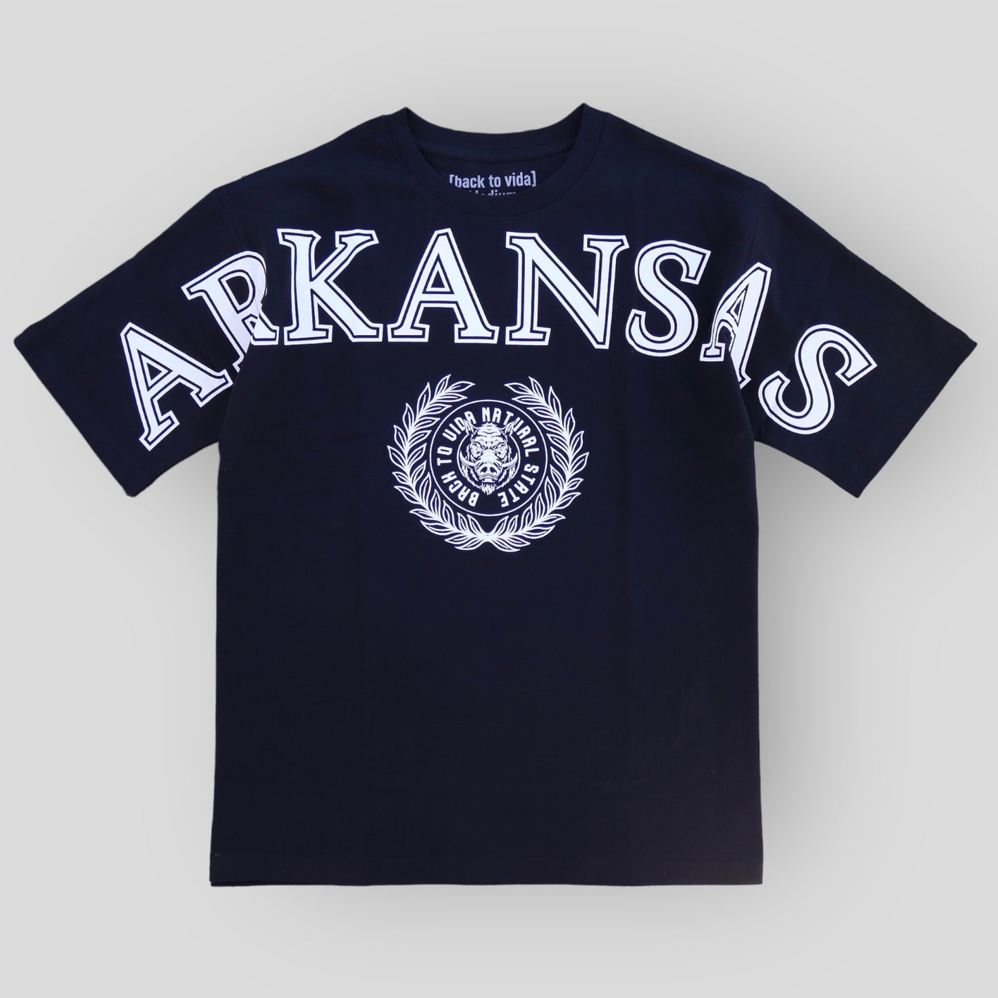 [back to vida] ARKANSAS Spell Out Black T-Shirt - backtovida